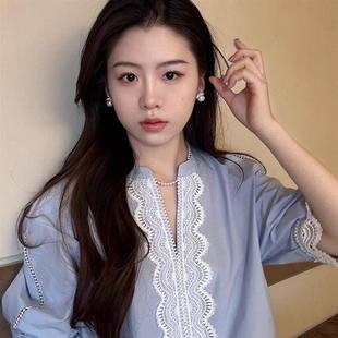 RIERA法式小资蓝色短袖立领衬衫女夏季高级感泡泡袖蕾丝镂空娃娃