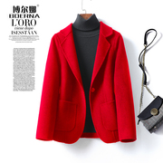 羊绒大衣女短款西装领红色，修身小西服，妮子春秋气质羊毛呢外套