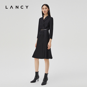 LANCY/朗姿秋季黑色长袖羊毛裙子中长款职业气质西装连衣裙女
