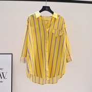 黄色条纹衬衫女2023秋季韩版蝙蝠袖中长款衬衣设计感休闲上衣