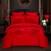 床上用品全棉刺绣四件套新婚庆纯棉套件大红色喜被被套中式风