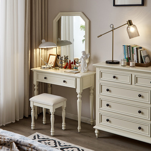 美式全实木梳妆台白色，卧室现代简约小户型地中海网红化妆桌妆凳