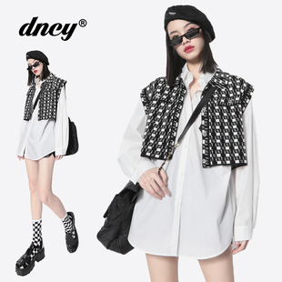 DNCY商场同款春秋季短款格子马甲背心小众设计感高级小外套披肩女