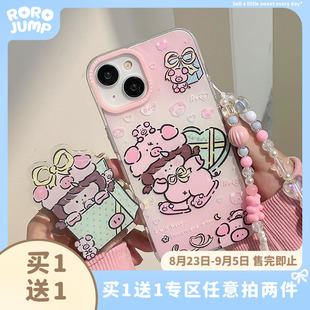 肉肉酱原创粉红礼物小猪适用iphone14promax手机壳苹果13双层立体印花12卡通可爱少女保护套