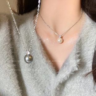 单颗灰色珍珠锆石吊坠项链，女秋冬小众高级感毛衣，链简约颈链配饰品