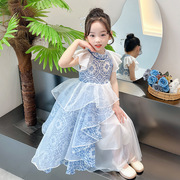 女童改良中国风青花瓷连衣裙汉服，立领洋气演出服古装扮演服长裙子