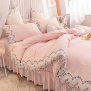 韩版花边蕾丝四件套公主风粉色床裙款春秋水洗棉床单被套床上床品