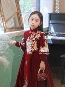 女童红色礼服公主裙，小女孩国风钢琴演出服长袖，儿童高端主持人冬季