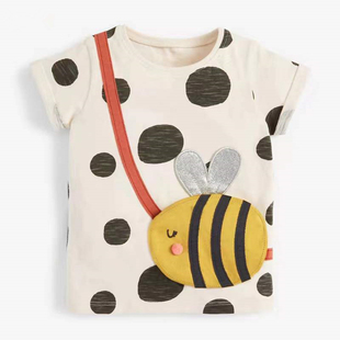 女童短袖t恤纯棉上衣儿童宝宝，夏季童装2023卡通半袖波点小蜜蜂5岁