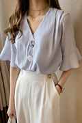 夏季韩版v领雪纺衫女宽松设计感小众上衣，胖mm大码短袖衬衣潮