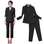 纯黑白色时尚职业套装，女裤两件套韩国修身显瘦双排，扣小西装外套潮