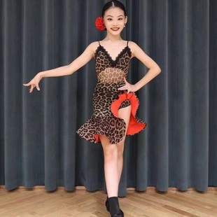 夏季高端女儿童拉丁舞表演服豹纹纱吊带大摆裙专业演出练功服