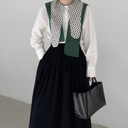 韩国chic小众波点不规则翻领，拼接长袖衬衫+高腰压褶半身裙套装女