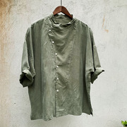 素我原创设计砂洗铜氨丝立领，斜襟落肩蝙蝠袖中袖，休闲夏款文艺衬衫