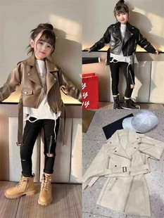 女童时髦皮衣外套，2023秋冬韩版儿童机车，皮夹克宝宝拉链衫上衣