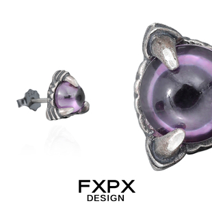 FXPX 纯银石榴石暗紫色耳钉龙爪暗黑做旧风耳骨钉欧美复古风耳饰