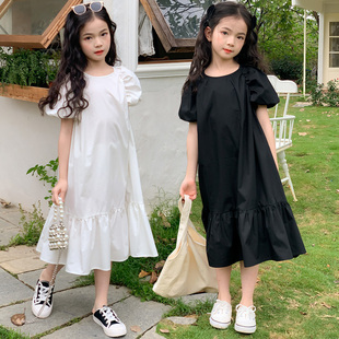 夏季女童白色淑女纯棉连衣裙 童装黑色短袖夏款裙子 中大儿童
