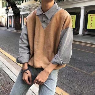 假两件毛衣男春季港风薄款衬衫，领bf韩版chic外套上衣学生针织衫潮