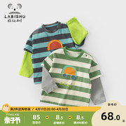 拉比树男童条纹T恤春秋装宝宝圆领打底衣儿童假两件上衣