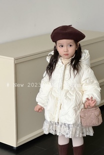7-seven2023秋冬童装女童，白色蕾丝中长款加厚棉服连帽外套