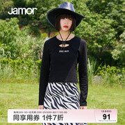 Jamor春季镂空设计针织套头衫女字母印花设计欧美风上衣加末