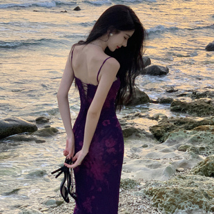 紫色碎花御姐气质包臀显瘦度假风海边沙滩裙抹胸吊带连衣裙女夏季