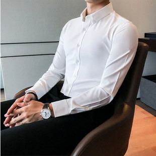 春季韩版男士修身纯白色长袖衬衫英伦休闲免烫衬衣西服内搭打底衫