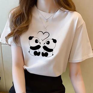 熊猫卡通印花夏季薄款透气流行上衣女短袖时尚学生，青年打底衫t恤