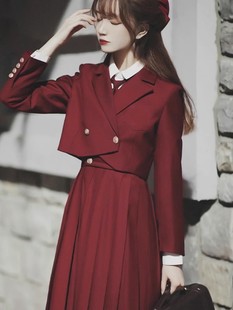 护奶裙jk制服套装原创正版秋冬红色卡奶背心，裙西服学院风连衣裙女