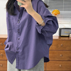紫色衬衫女设计感2024年韩版通勤茧型褶皱下摆，纯色棉长袖衬衣
