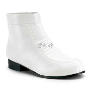 美国pleaserfuntasma3cm白色pu平跟及踝靴全长，内侧拉链短靴男靴