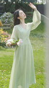 法式超仙气质v领空气，感轻纱连衣裙，女夏季欧式田园风果绿色长裙子