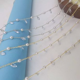 4mm珍珠马眼锆石裸钻流苏手工链，diy饰品保色链条服饰配件挂链材料