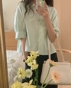 夏季韩版学院风减龄纯色polo领五分袖后背皱褶，宽松短款娃娃衬衫女