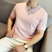 短袖t恤男圆领潮牌休闲修身半袖韩版潮流夏季浅粉色体恤净版纯色