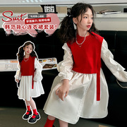 女童红色马甲连衣裙，两件套春款儿童时髦公主，裙2024女大童春装