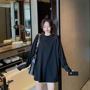 黑色中长款t恤女2024年春季大码韩版bf长袖宽松显瘦叠穿上衣
