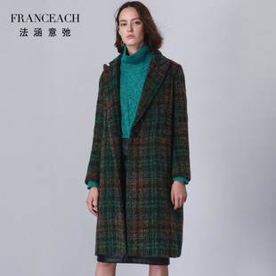 法涵意弛绿色格纹羊毛大衣女，中长款加厚保暖西装领气质，毛妮子(毛妮子)外套