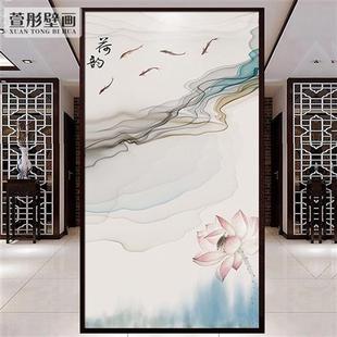 新中式玄关壁纸荷花墙纸过道，走廊背景墙墙布，写意手绘书房个性壁画