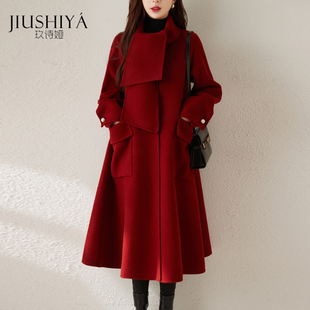玖诗娅红色羊毛双面呢品牌，新年围巾大衣长款，时尚零羊绒毛呢外套女