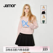 Jamor时尚圆领粉色白色毛衣女春冬甜美短款毛衣好看上衣加末