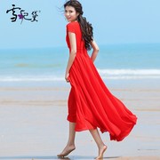 夏季红色雪纺连衣裙女长款到脚踝，2024年纯色超长短袖，大摆裙子