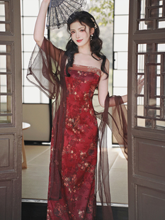 新中式提花缎面性感连衣裙真丝皱防晒长款外搭本命年国风红色长裙