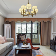 窗幔帘头定制纯色拼橙色几何棉麻，半遮光美式素色客厅卧室落地窗帘
