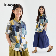 KUUYOO纯棉复古和风印花儿童短袖衬衫中性风夏季上衣男女童衬衣