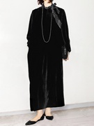 陈小满原创设计黑色真丝绒连衣裙秋季款长袖小圆领宽松后开叉长裙