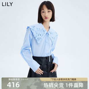 商场同款lily2023女装，复古条纹俏皮娃娃领宽松中长衬衫