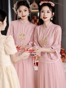 伴娘服2023新中式冬季小众高级感旗袍显瘦姐妹团裙礼服女