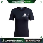 香港直邮Armani Jeans阿玛尼女士短袖T恤深蓝色棉氨纶圆领透气