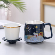 鎏银陶瓷杯子招财猫创意马克杯中国风个性带盖大容量咖啡水杯茶杯